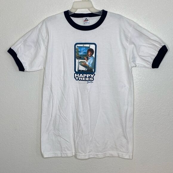 AAA Men’s Vintage Y2K White T Shirt with Bob Ross Happy Trees Print Size L - Picture 1 of 4